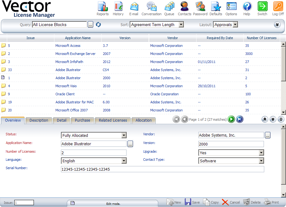License Manager Pro's main Web UI contains a list view section and a series of customizable tab views. Any number of list views can be created, driven by database queries.